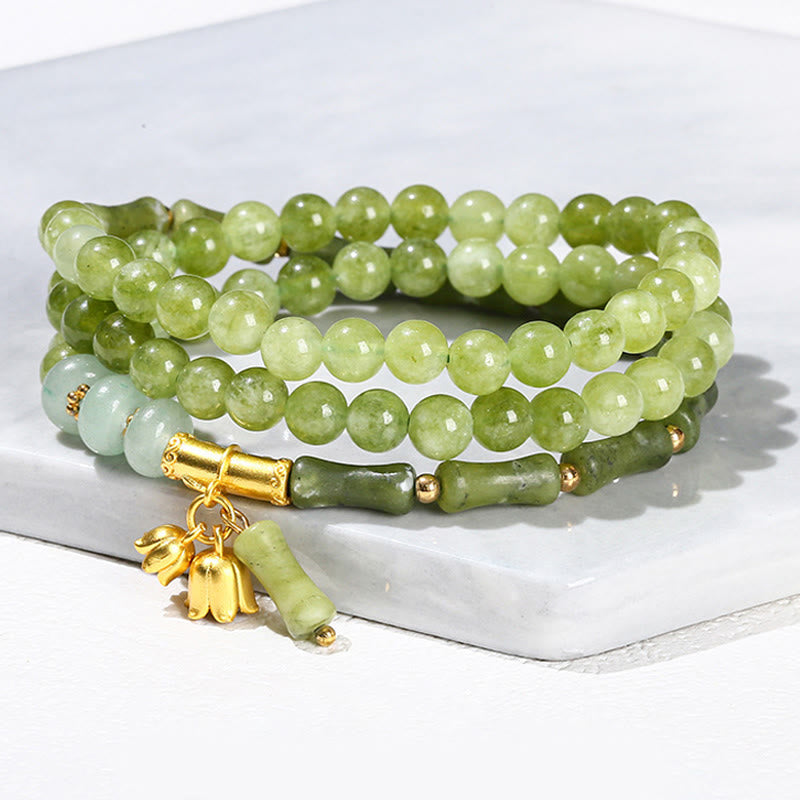 Nimara Ritual Retro Multilayer Lily of the Valley Bamboo Green Chalcedony Strength Bracelet