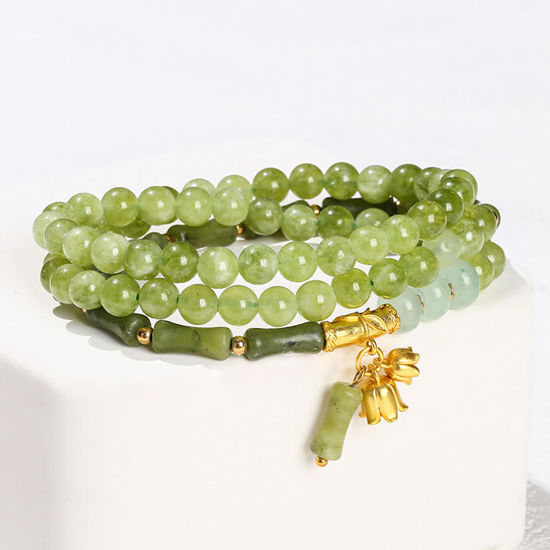 Nimara Ritual Retro Multilayer Lily of the Valley Bamboo Green Chalcedony Strength Bracelet