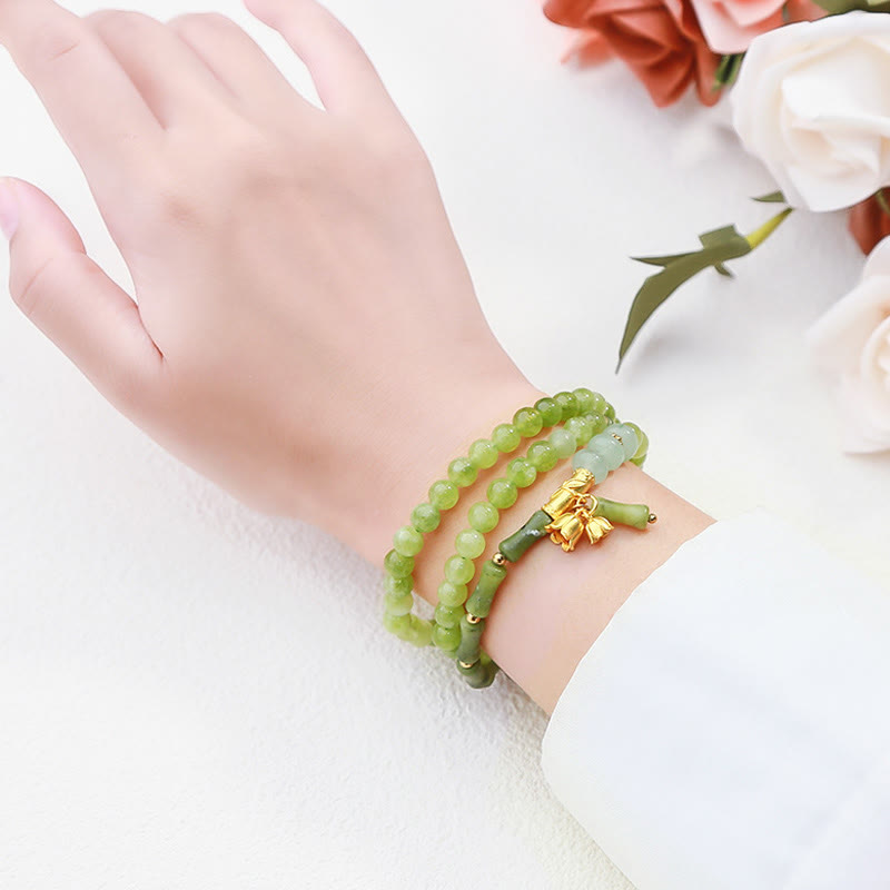 Nimara Ritual Retro Multilayer Lily of the Valley Bamboo Green Chalcedony Strength Bracelet