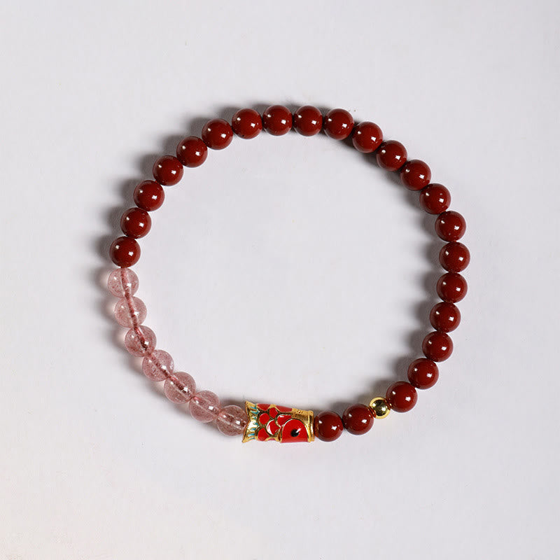 Nimara Ritual Natural Cinnabar Pink Crystal Strawberry Quartz Lucky Koi Fish Blessing Bracelet