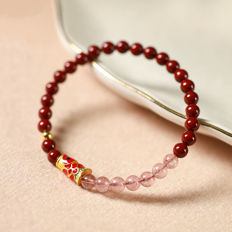 Nimara Ritual Natural Cinnabar Pink Crystal Strawberry Quartz Lucky Koi Fish Blessing Bracelet
