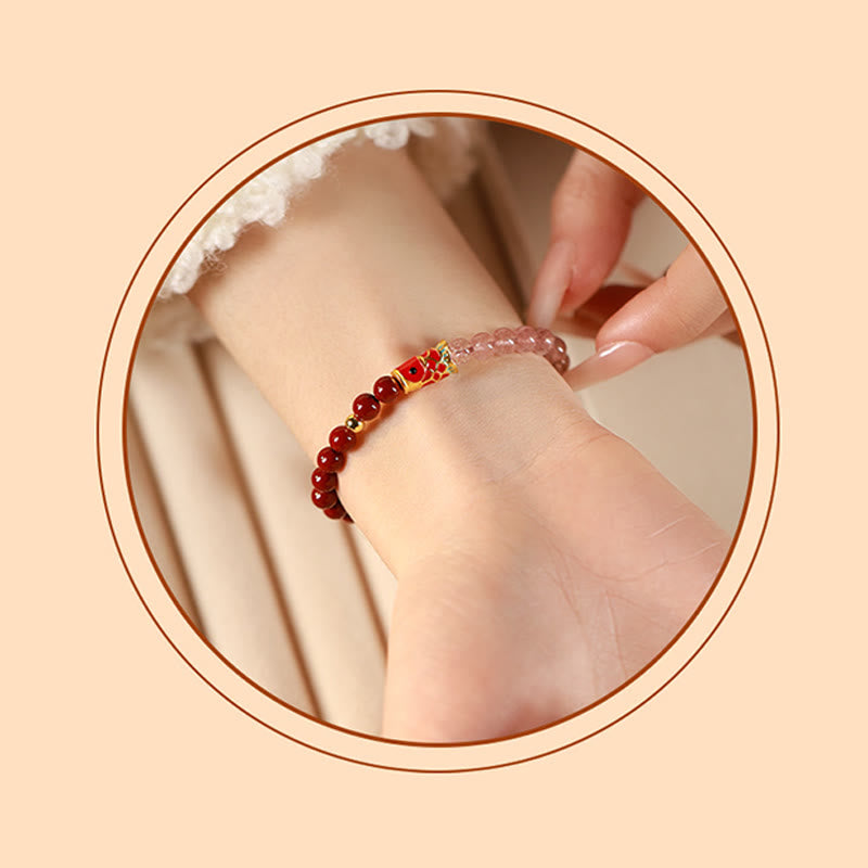 Nimara Ritual Natural Cinnabar Pink Crystal Strawberry Quartz Lucky Koi Fish Blessing Bracelet
