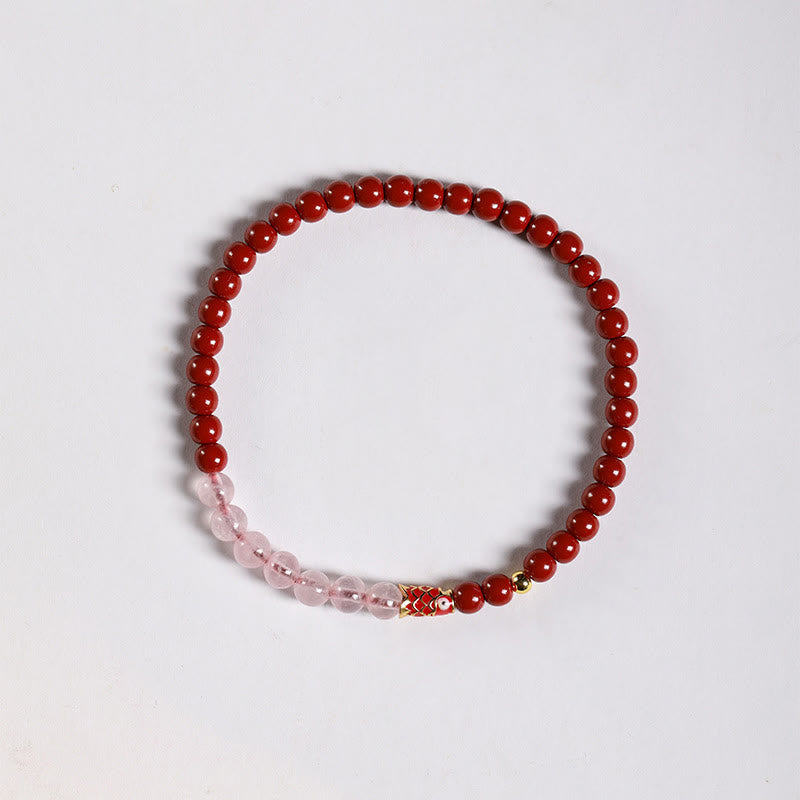 Nimara Ritual Natural Cinnabar Pink Crystal Strawberry Quartz Lucky Koi Fish Blessing Bracelet