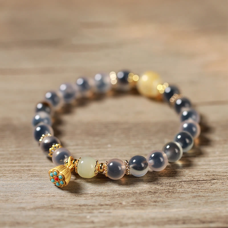 Nimara Ritual Natural Colorful Candy Agate Golden Lotus Pod Healing Bracelet