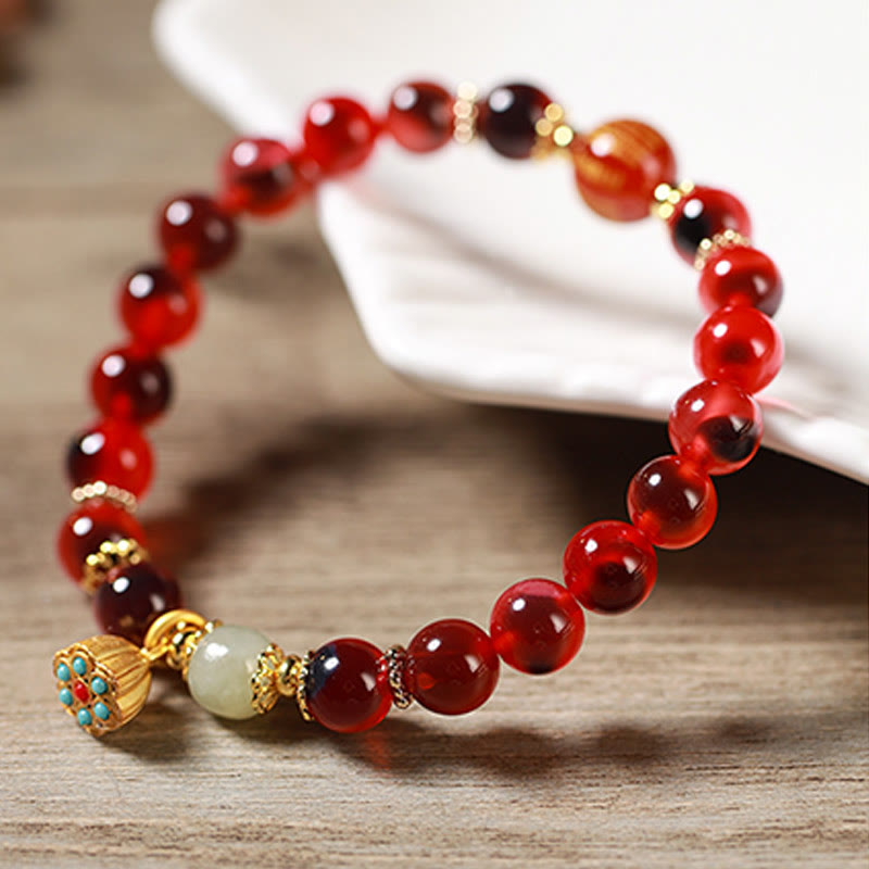 Nimara Ritual Natural Colorful Candy Agate Golden Lotus Pod Healing Bracelet
