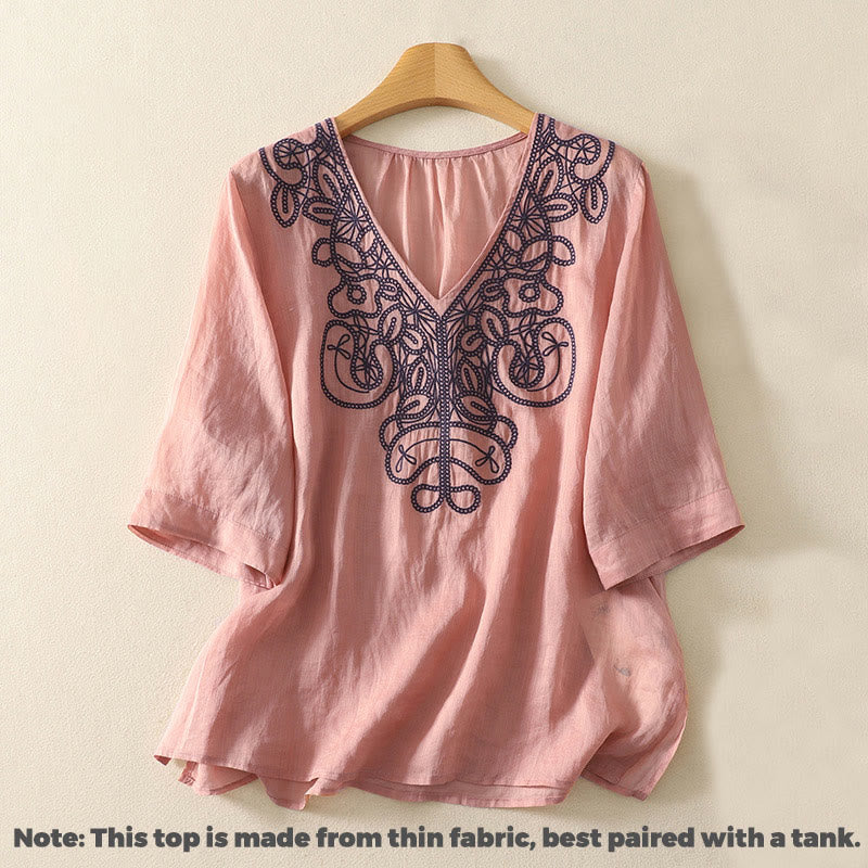 Nimara Ritual Embroidered V-neck Casual Women's Half Sleeve T-shirt