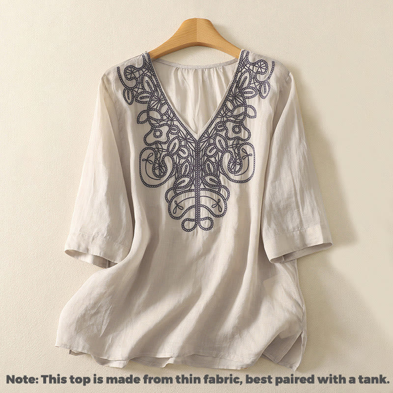 Nimara Ritual Embroidered V-neck Casual Women's Half Sleeve T-shirt