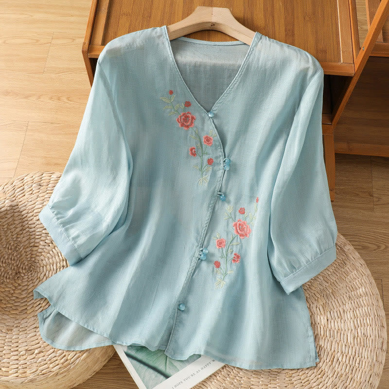 Nimara Ritual Embroidered Flowers Cotton Women's V-neck Shirt