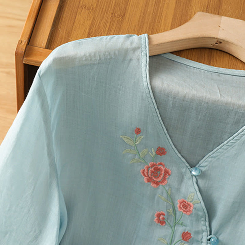 Nimara Ritual Embroidered Flowers Cotton Women's V-neck Shirt