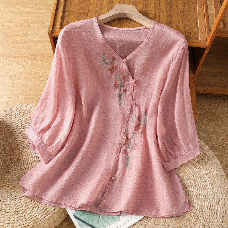 Nimara Ritual Embroidered Flowers Cotton Women's V-neck Shirt
