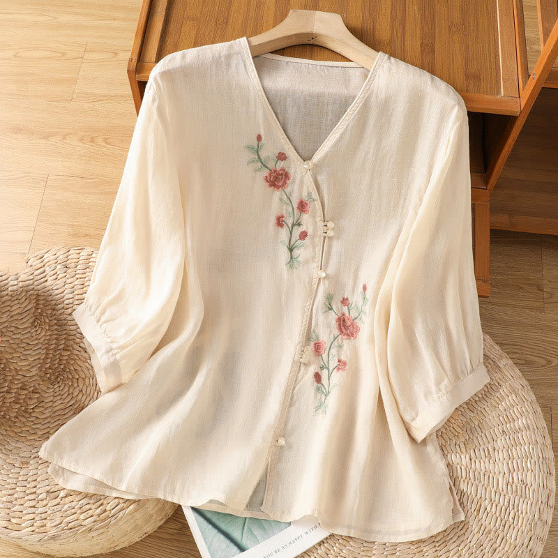Nimara Ritual Embroidered Flowers Cotton Women's V-neck Shirt