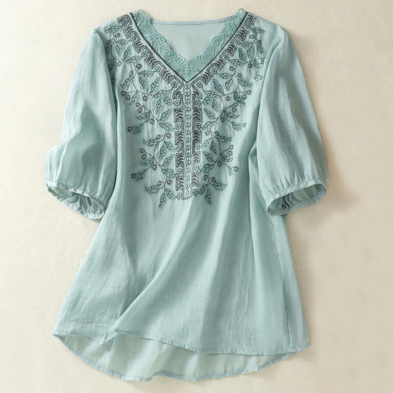 Nimara Ritual Embroidered Lace Casual Women's Cotton Linen Half Sleeve T-shirt