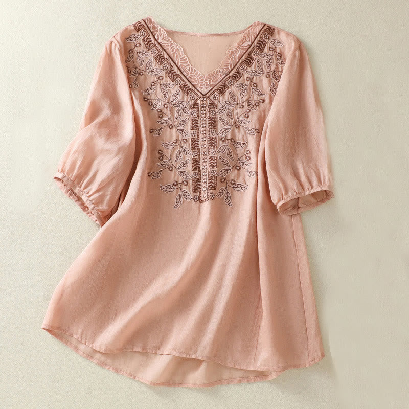 Nimara Ritual Embroidered Lace Casual Women's Cotton Linen Half Sleeve T-shirt