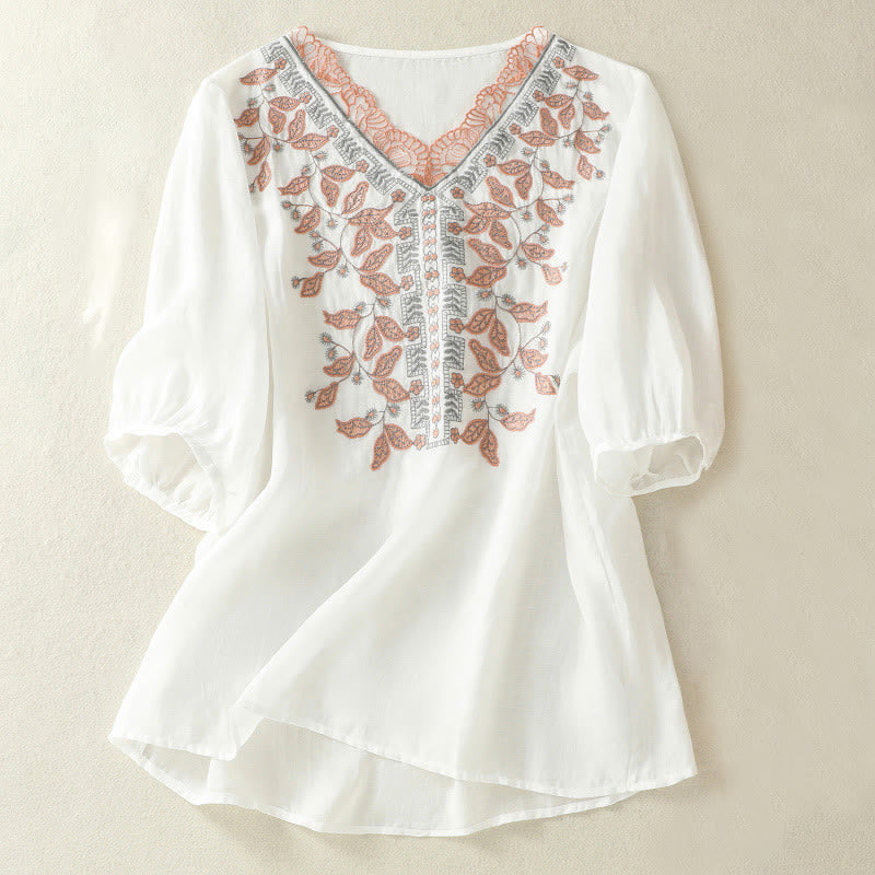 Nimara Ritual Embroidered Lace Casual Women's Cotton Linen Half Sleeve T-shirt