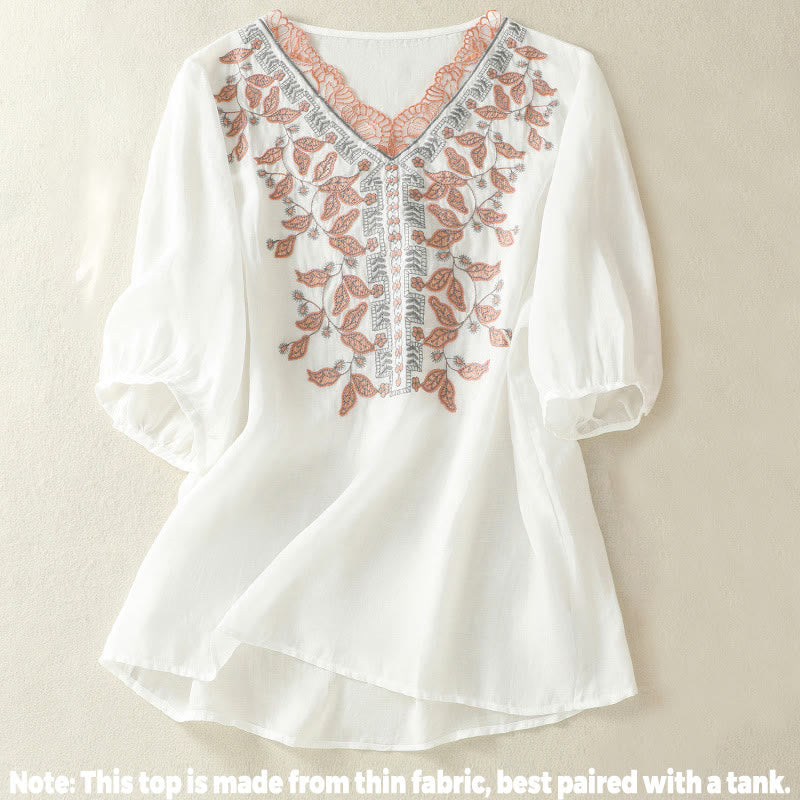 Nimara Ritual Embroidered Lace Casual Women's Cotton Linen Half Sleeve T-shirt