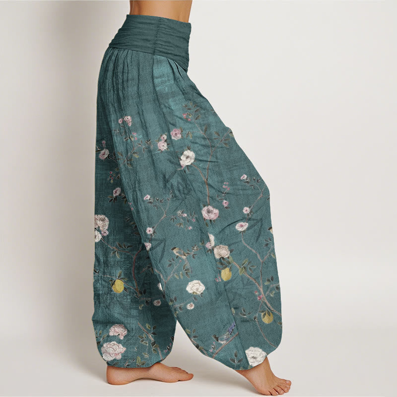 Nimara Ritual Pure Cotton Pink White Flowers Bamboo Leaves Fruits Design Women's Elastic Waist Harem Pants