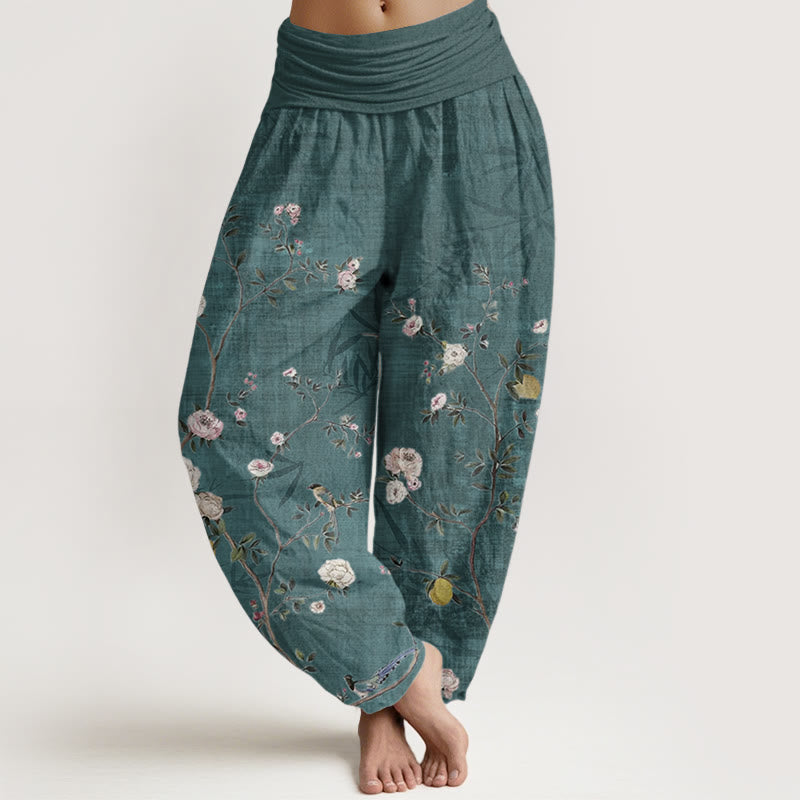 Nimara Ritual Pure Cotton Pink White Flowers Bamboo Leaves Fruits Design Women's Elastic Waist Harem Pants
