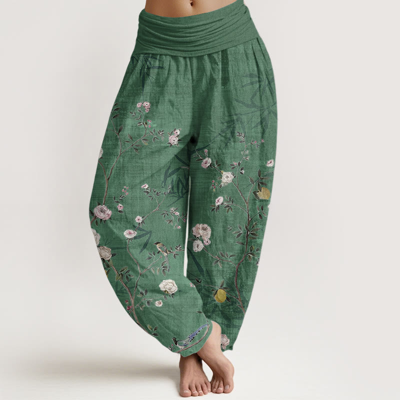 Nimara Ritual Pure Cotton Pink White Flowers Bamboo Leaves Fruits Design Women's Elastic Waist Harem Pants