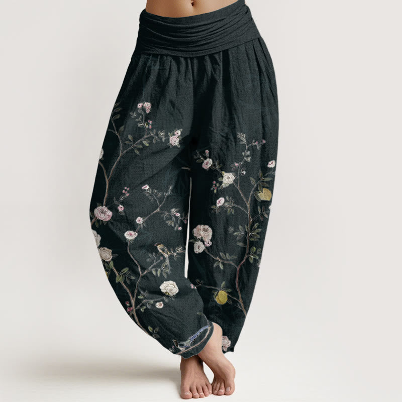 Nimara Ritual Pure Cotton Pink White Flowers Bamboo Leaves Fruits Design Women's Elastic Waist Harem Pants