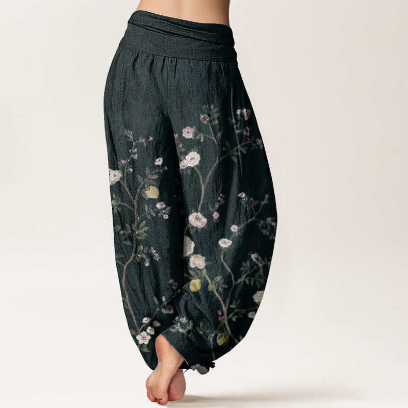Nimara Ritual Pure Cotton Pink White Flowers Bamboo Leaves Fruits Design Women's Elastic Waist Harem Pants