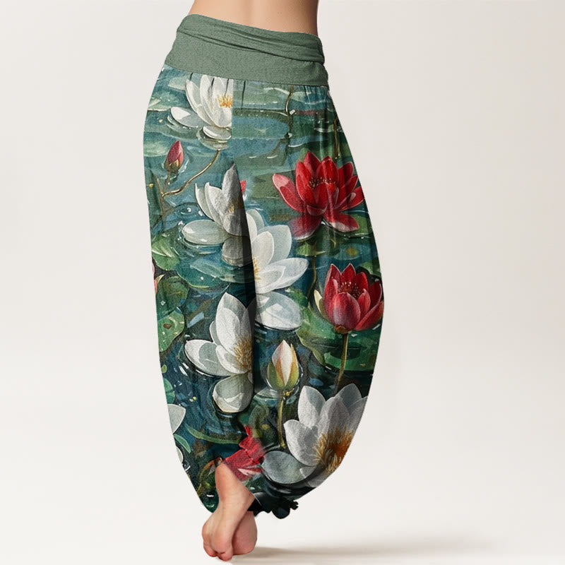 Nimara Ritual Cotton Casual Blooming Red Lotus Flower Pattern Women's Elastic Waist Harem Pants