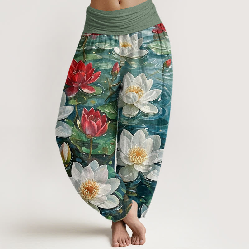 Nimara Ritual Cotton Casual Blooming Red Lotus Flower Pattern Women's Elastic Waist Harem Pants