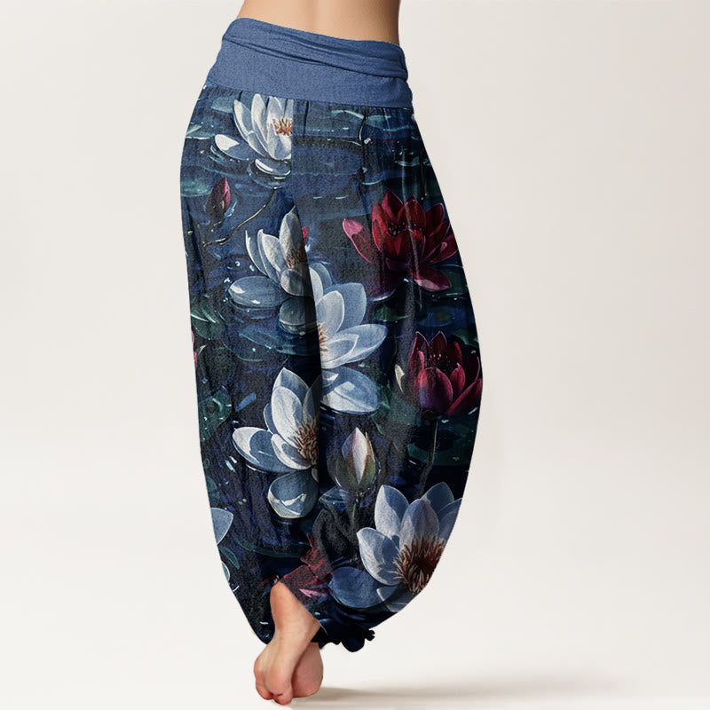 Nimara Ritual Cotton Casual Blooming Red Lotus Flower Pattern Women's Elastic Waist Harem Pants