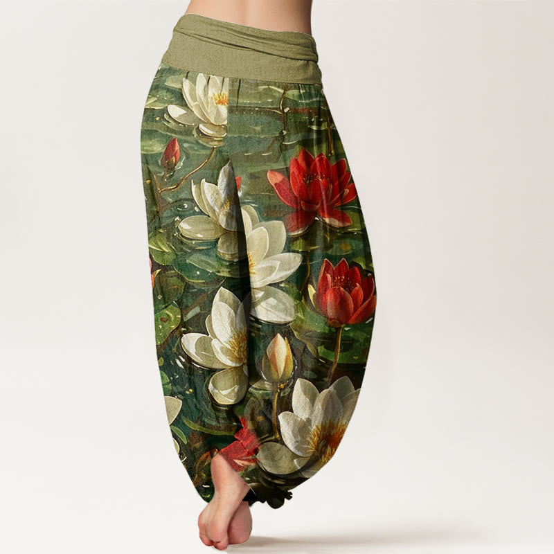 Nimara Ritual Cotton Casual Blooming Red Lotus Flower Pattern Women's Elastic Waist Harem Pants