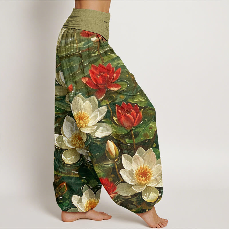 Nimara Ritual Cotton Casual Blooming Red Lotus Flower Pattern Women's Elastic Waist Harem Pants