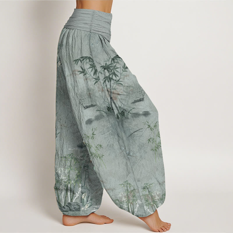 Nimara Ritual Pure Cotton Casual Bamboo Rock Ink Painting Women's Elastic Waist Harem Pants