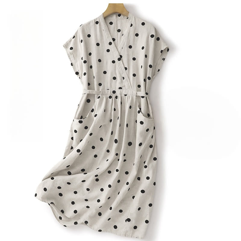 Nimara Ritual Polka Dot V-Neck Lace-up Women's Midi Dress With Pockets