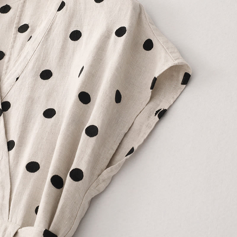 Nimara Ritual Polka Dot V-Neck Lace-up Women's Midi Dress With Pockets