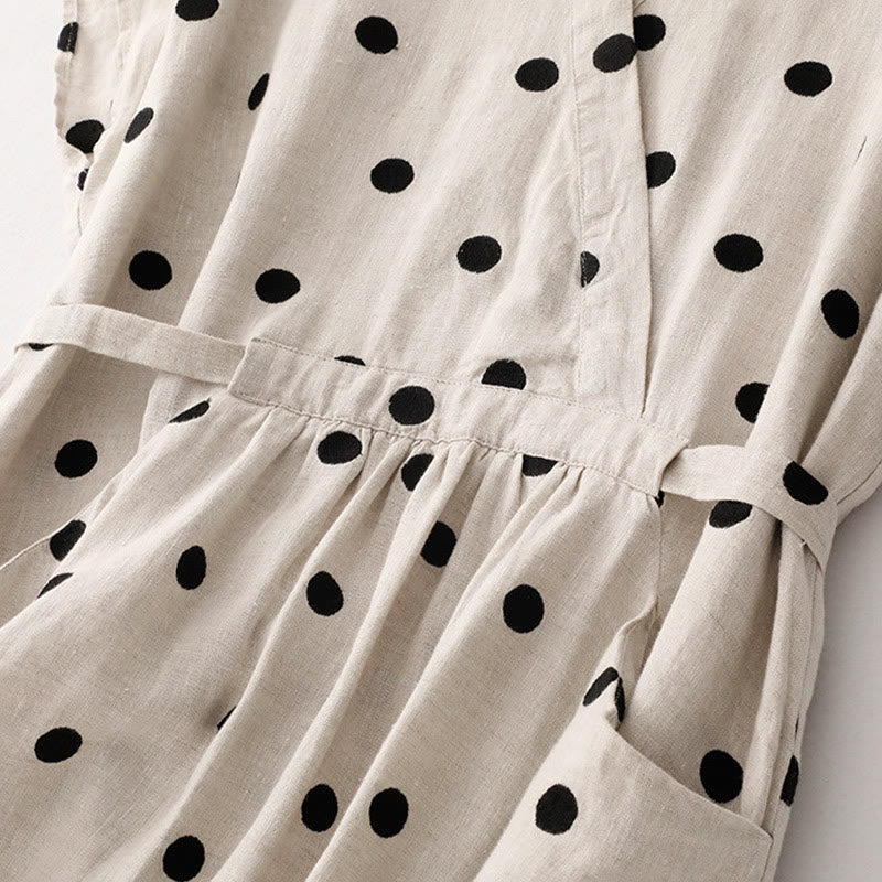 Nimara Ritual Polka Dot V-Neck Lace-up Women's Midi Dress With Pockets