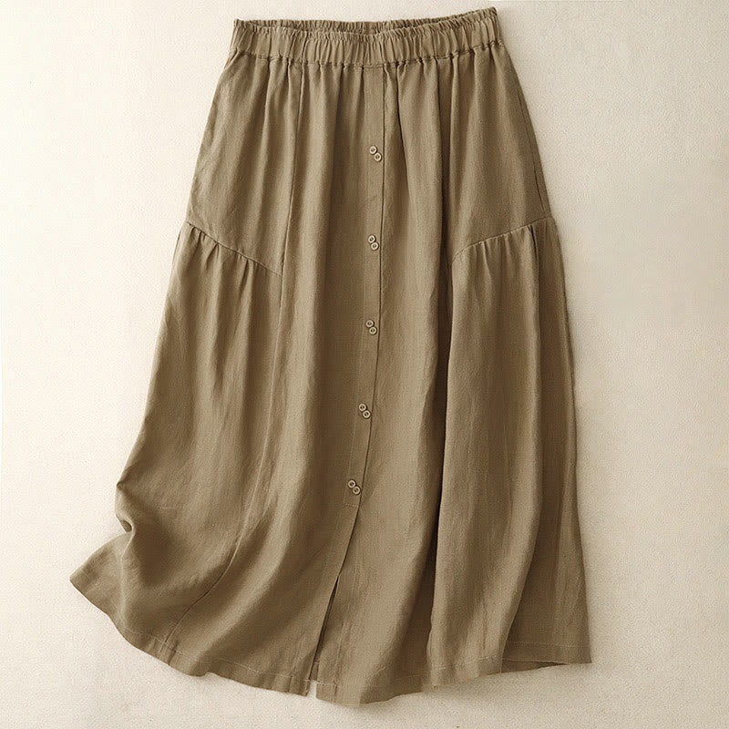 Nimara Ritual A-line Buttons Slit Design Elastic Waist Cotton Women's Skirt With Pockets