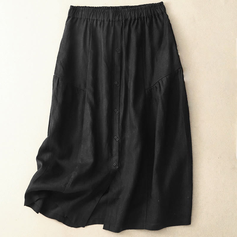 Nimara Ritual A-line Buttons Slit Design Elastic Waist Cotton Women's Skirt With Pockets