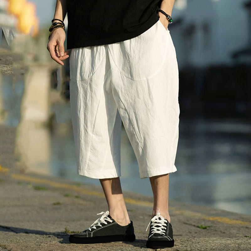 Nimara Ritual Summer Plain Pleat Design Drawstring Men's 7-8 Length Pants With Pockets
