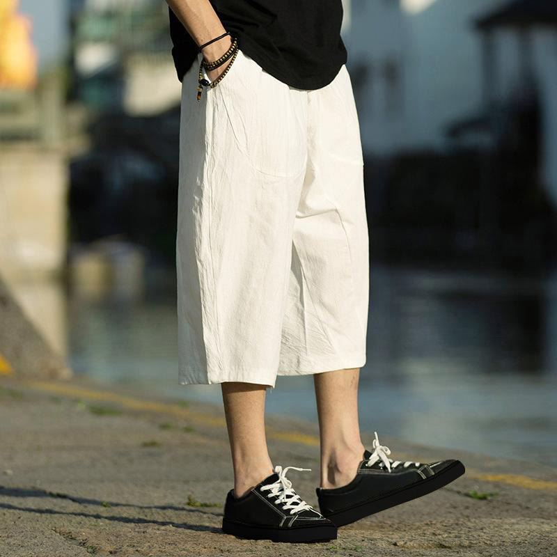 Nimara Ritual Summer Plain Pleat Design Drawstring Men's 7-8 Length Pants With Pockets