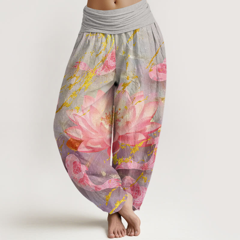 Nimara Ritual Cotton Casual Lotus Flower Koi Fish Pattern Women's Harem Pants