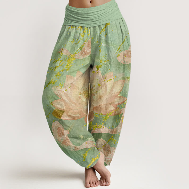 Nimara Ritual Cotton Casual Lotus Flower Koi Fish Pattern Women's Harem Pants