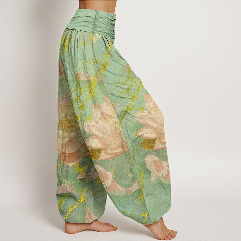 Nimara Ritual Cotton Casual Lotus Flower Koi Fish Pattern Women's Harem Pants
