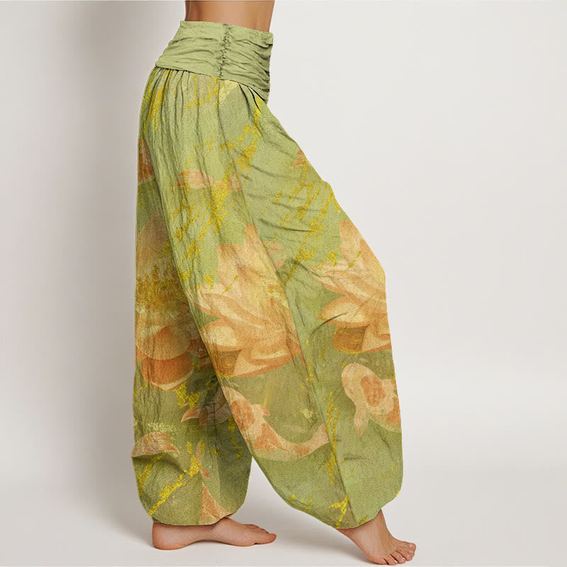 Nimara Ritual Cotton Casual Lotus Flower Koi Fish Pattern Women's Harem Pants