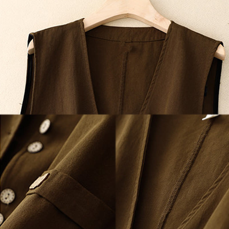 Nimara Ritual Solid Color Front Buttons Sleeveless Women's Cotton Waistcoat With Pockets