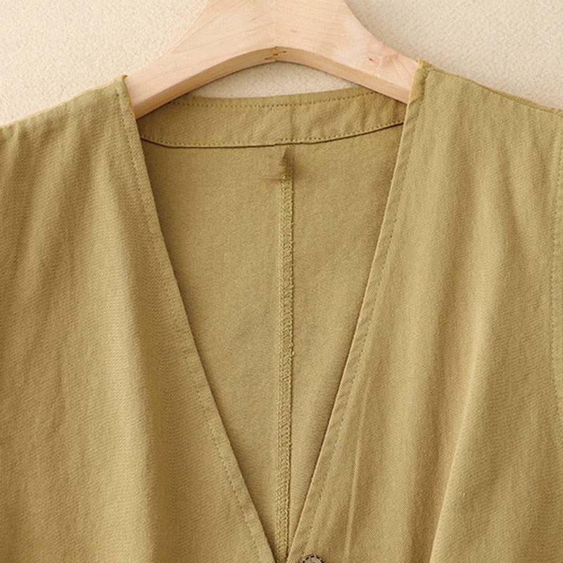 Nimara Ritual Solid Color Front Buttons Sleeveless Women's Cotton Waistcoat With Pockets