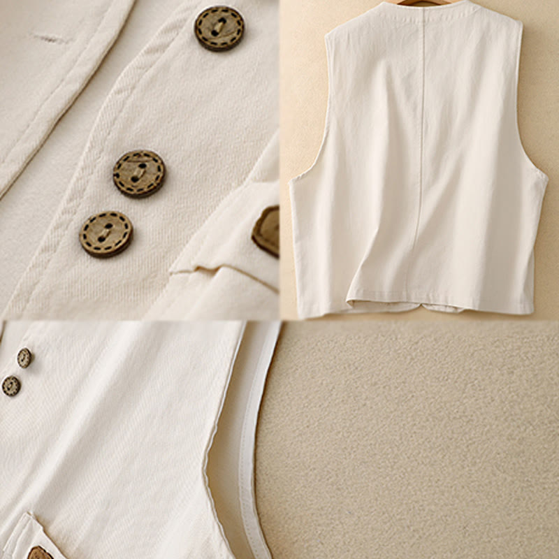 Nimara Ritual Solid Color Front Buttons Sleeveless Women's Cotton Waistcoat With Pockets