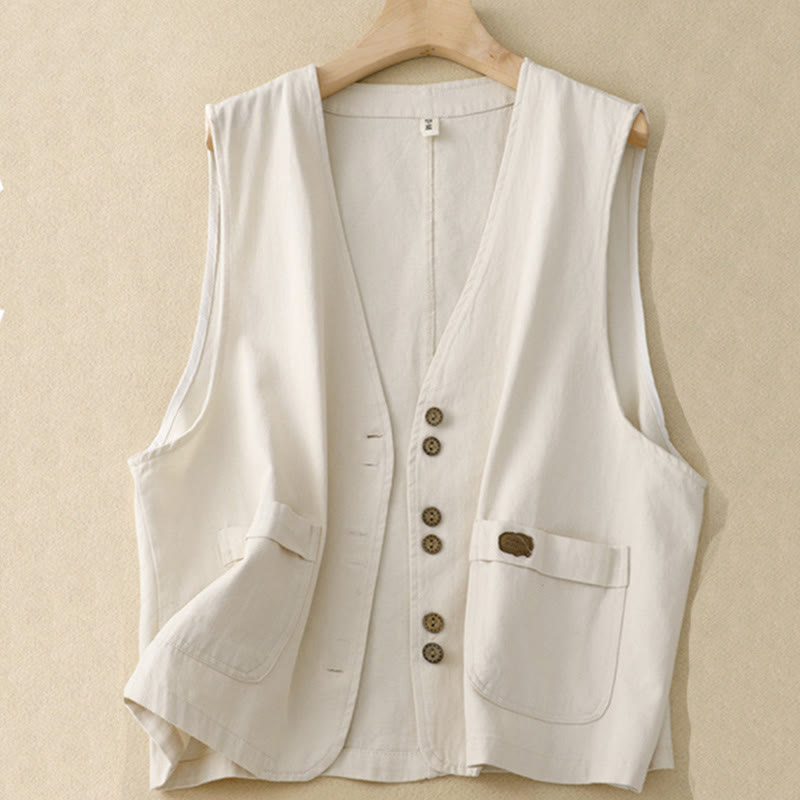 Nimara Ritual Solid Color Front Buttons Sleeveless Women's Cotton Waistcoat With Pockets