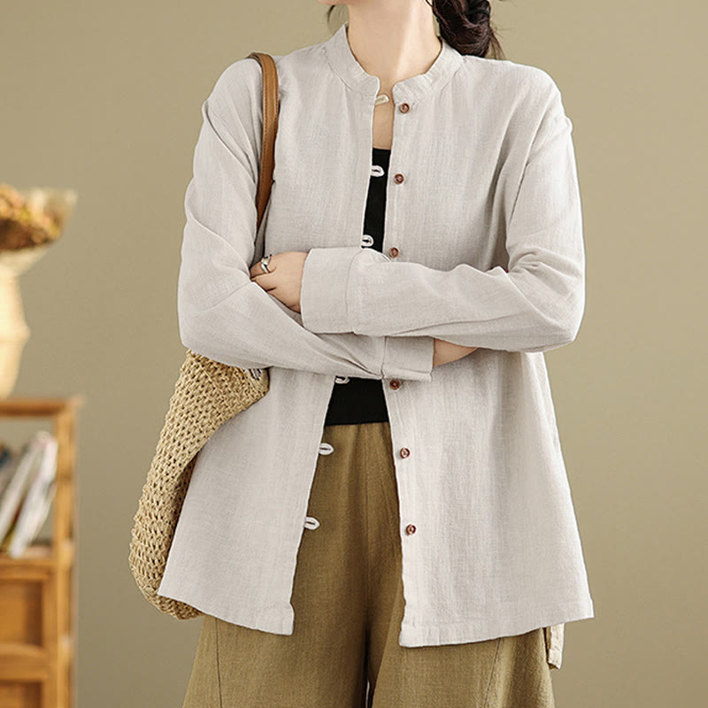 Nimara Ritual Solid Color Front Buttons Design Long Sleeve Women's Cotton Linen Shirt