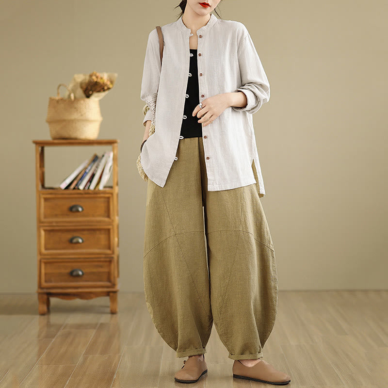 Nimara Ritual Solid Color Front Buttons Design Long Sleeve Women's Cotton Linen Shirt
