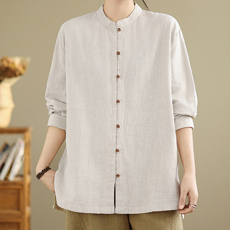 Nimara Ritual Solid Color Front Buttons Design Long Sleeve Women's Cotton Linen Shirt