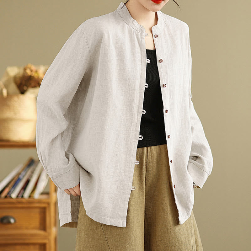 Nimara Ritual Solid Color Front Buttons Design Long Sleeve Women's Cotton Linen Shirt
