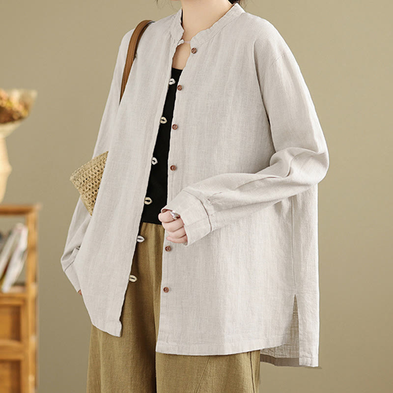 Nimara Ritual Solid Color Front Buttons Design Long Sleeve Women's Cotton Linen Shirt
